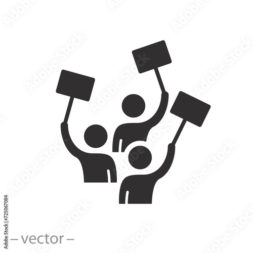 social action icon, collective protest, people holding protest posters, demonstration concept, flat symbol on white background - vector illustration