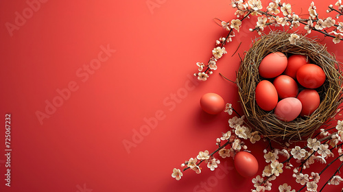 light red easter background, with minimalistic Easter eggs on, with empty copy space