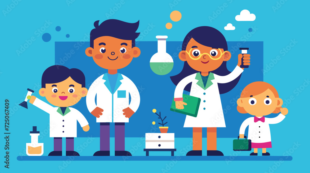 Diverse Group of Young Cartoon Scientists Engaged in Research