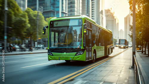 A green electric bus driving in a city