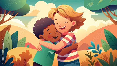 Happy Children Embracing in a Sunny Park Illustration