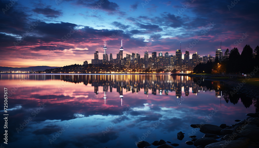 City skyline reflects in tranquil water at dusk generated by AI