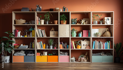 Modern bookshelf in a home library collection generated by AI © Jemastock