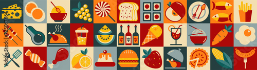 Spring abstract food and drink pattern collection, breakfast, delicious, nutritious. Set of 33 vector icons. Geometric pattern. Mosaic style.