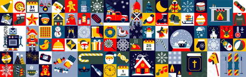 Abstract geometric winter background. A large collection of Christmas holidays. Merry Christmas and Happy New Year! Mosaic style.
