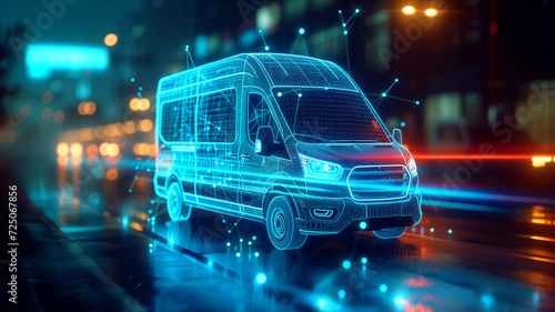 Blue wireframe van running down a street in the city
