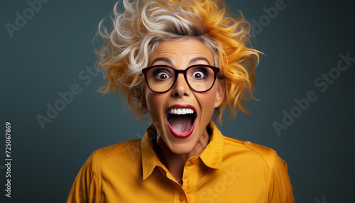 One young woman screaming with joy, mouth wide open generated by AI © Stockgiu