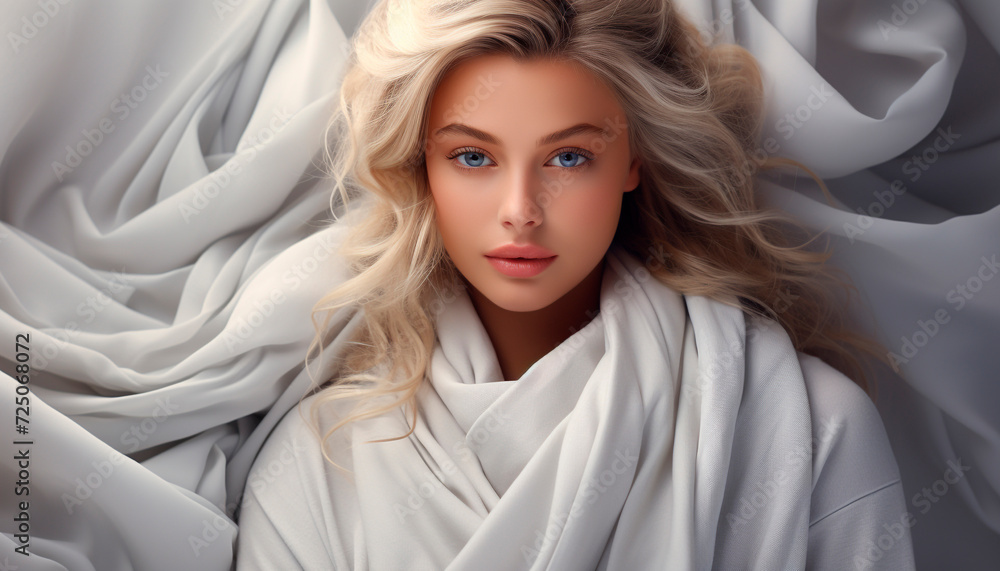 Beautiful blond woman in a fashion portrait, looking sensually at camera generated by AI Beautiful blond woman in a fashion portrait, looking sensually at camera generated by AI