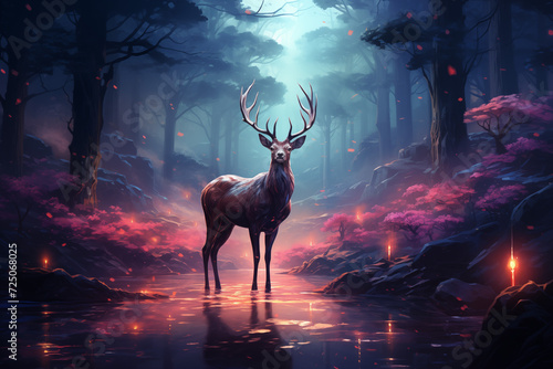 Majestic Deer in Enchanted Neon Forest