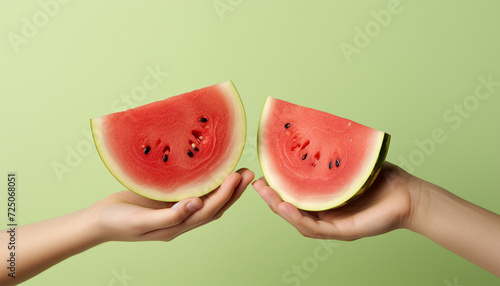 Hand holding juicy watermelon slice, a refreshing summer snack generated by AI photo