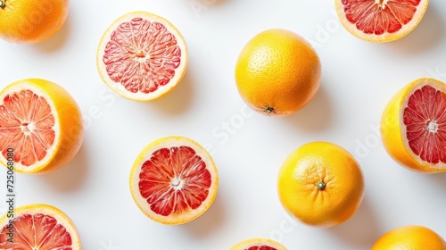  a group of grapefruits cut in half on a white surface with other grapefruits in the background.