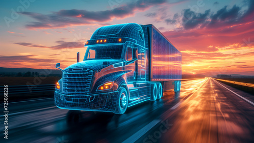 Wireframe american truck running in a highway at sunset