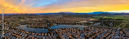 Sunrise in Menifee, California., USA. This is a 5 image aerial panoramic at 400' above ground level. © justasc