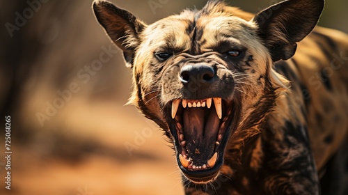 Intense close up portrait of a fierce and untamed wild dog howling in the wilderness photo