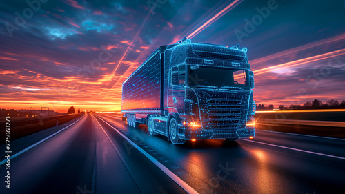 Wireframe truck running in a highway at sunset