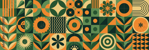 A large set of abstract geometric conceptual patterns in the mosaic style. Green tones. Natural plants of simple shapes. Vector background