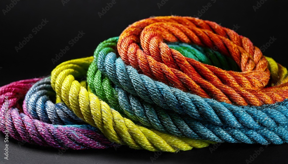 Rainbow-colored strings on a black background