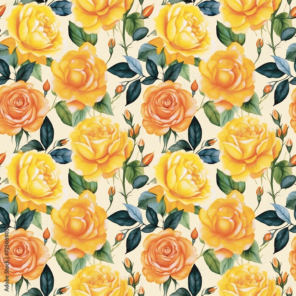 Garden Rose yellow leaves watercolor fabric pattern seamless handicraft art culture creativity wallpaper home wall carpet illustration seamless pattern with roses