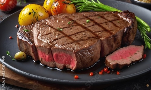 A well-seasoned steak, cooked juicy steak