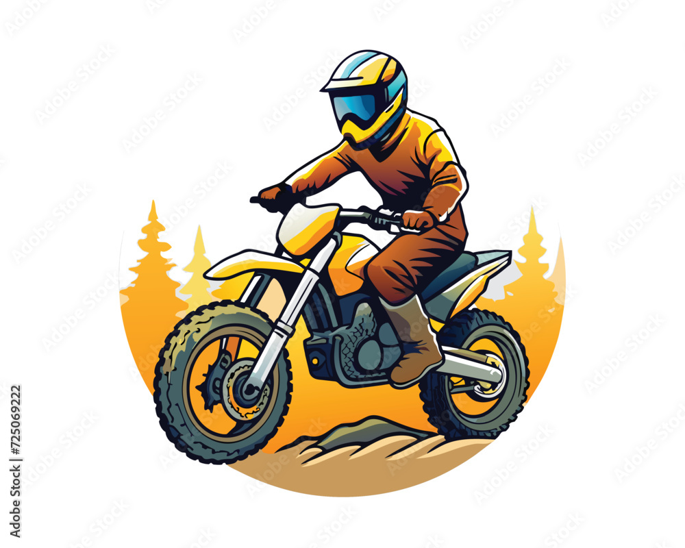Man riding moto cross illustration for t-shirt, logo, poster, card, banner, emblem. Comic style. Man riding moto cross illustration for t-shirt, logo, poster, card, banner, emblem. Comic style.