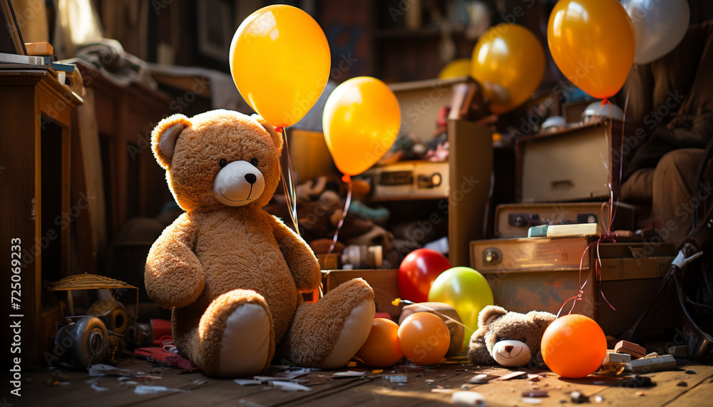 Cute teddy bear brings joy to birthday party generated by AI - obrazy, fototapety, plakaty 