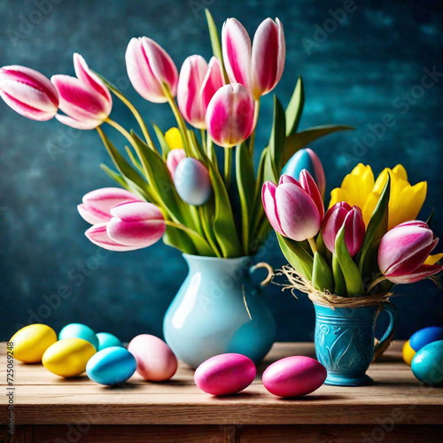 colorful Easter eggs on a wooden table