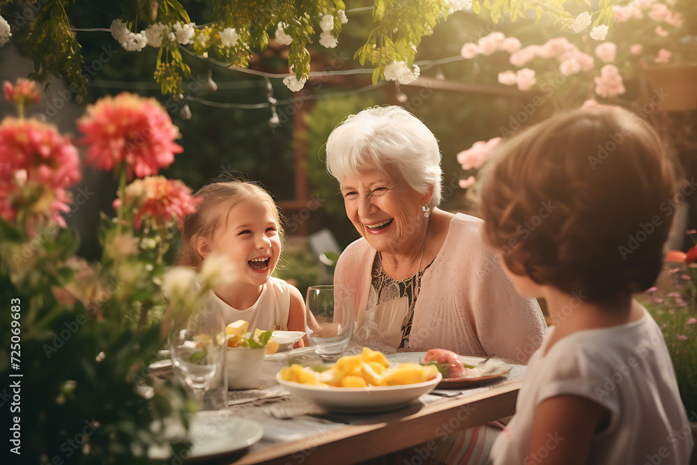 grandmother celebrating with grandchildren at a garden party