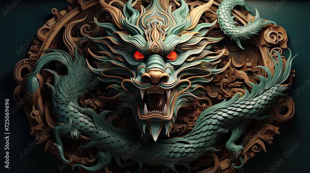 Fototapeta premium Emerald Fury: The Enchanting Encounter of a Green Dragon With Fiery Red Eyes on a Midnight Canvas