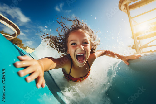 portrait of girl having fun while falling down water slide at water park