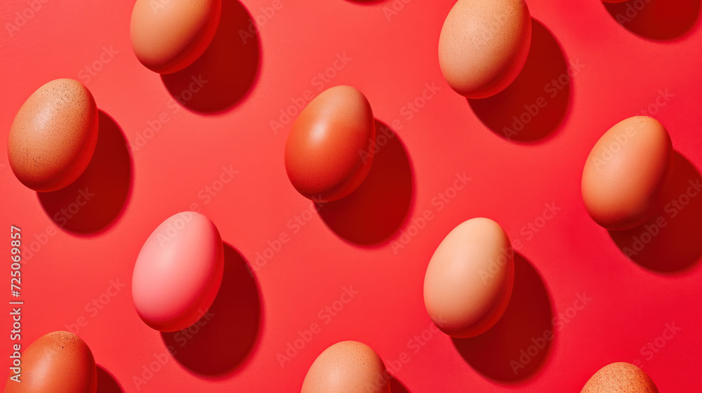 a group of eggs sitting on top of a red surface with one egg in the middle of the group and one egg in the middle of the group. a group of eggs sitting on top of a red surface with one egg in the middle of the group and one egg in the middle of the group.