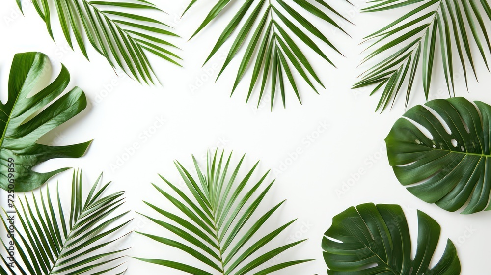 a group of green palm leaves on a white background with a place for the text on the left side of the image. a group of green palm leaves on a white background with a place for the text on the left side of the image.