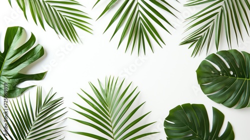 a group of green palm leaves on a white background with a place for the text on the left side of the image.