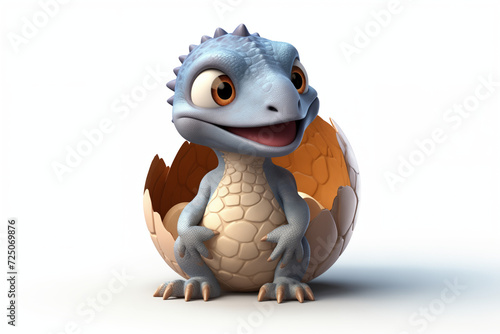 cute smiling dragon 3D blue grey color hatched from egg on white background