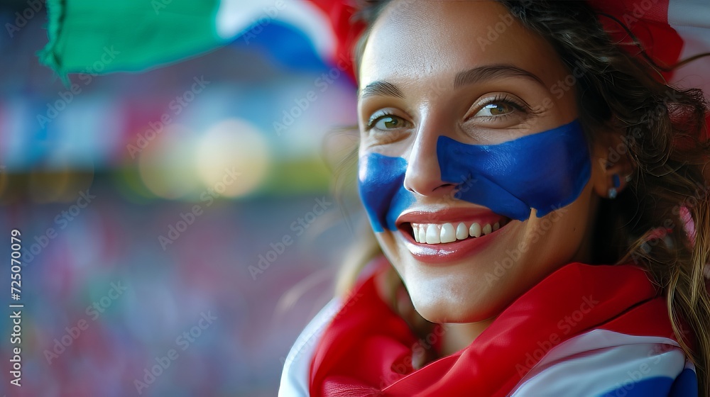 Enthusiastic french fan in flag colors at sports event, blurry stadium background with text space