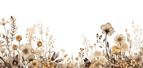 an illustration of a border with flowers and foliage, in the style of intricate pen drawings, golden hues, minimalist nature studies, organic texture, english countryside, light white and bronze