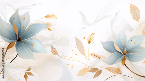 Abstract art background vector. Luxury minimal style wallpaper with golden line art flower and botanical leaves  Organic shapes  and Watercolor. Vector background for banner  poster