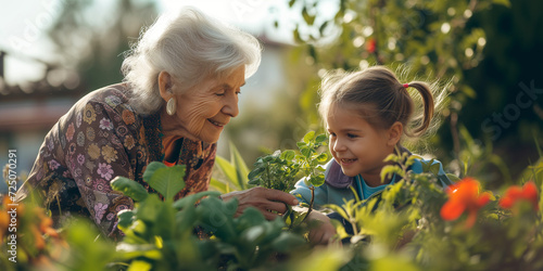 Grandma and her grandchild planting at the garden and the lady teach her grandchild for gardening skils and they are happy and smile photo