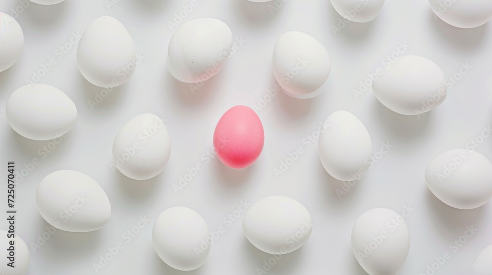  a group of white and pink eggs with one pink egg in the middle of a row of white eggs with one pink egg in the middle.