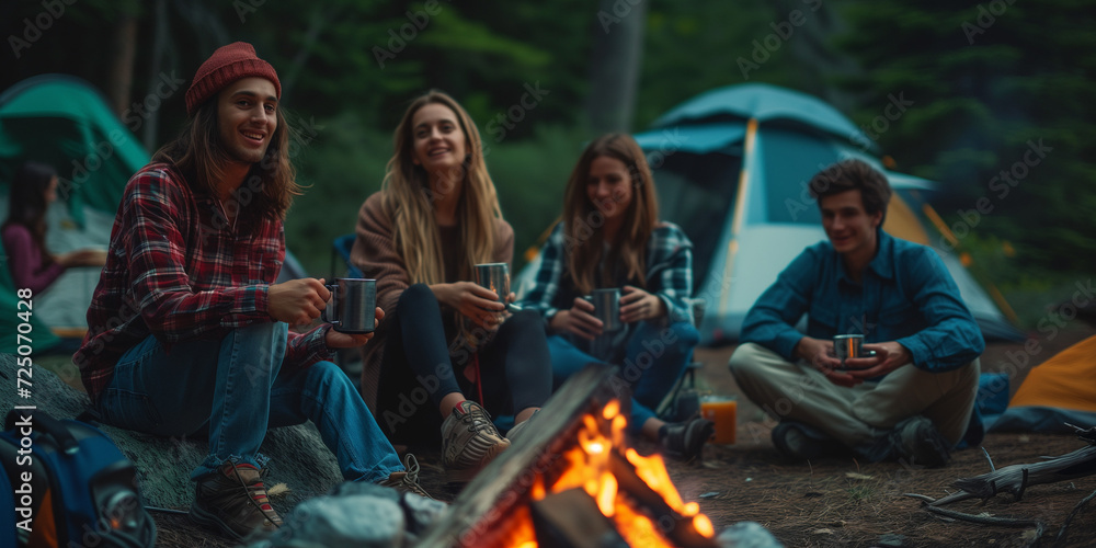 A group of camper young people mans and womans sitting aroung the campfire tent in the background camping in the forest