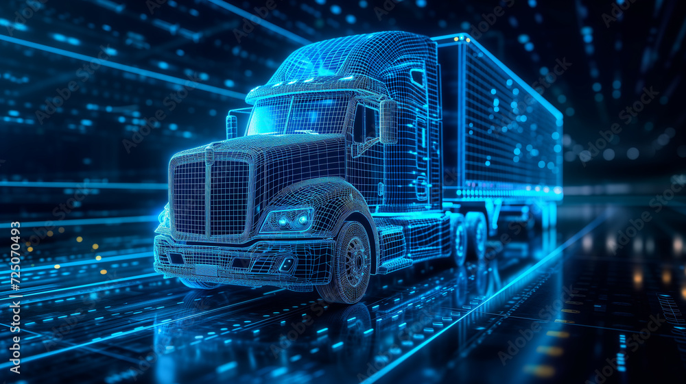 An american truck wireframe on a futuristic background