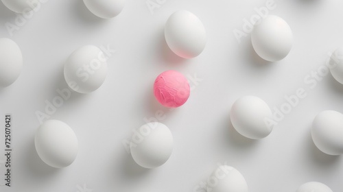  a group of white and pink eggs with one pink egg in the middle of the group on a white surface.
