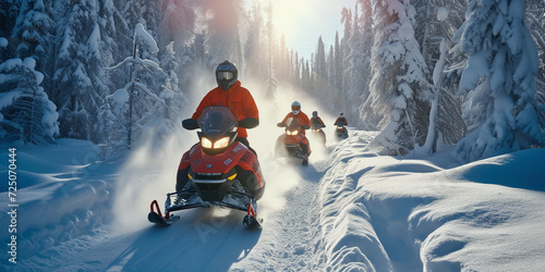 A group of people riding snowmobiles at a nordic coutry and make an outdoor adventure between the snowy woods