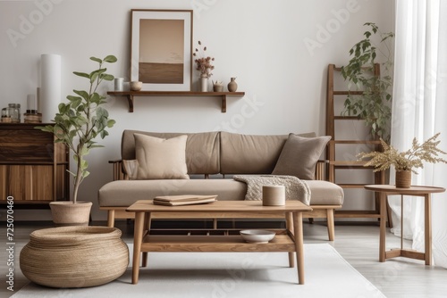 Stylish living room decor in a comfortable apartment, featuring a brown wooden sofa, a coffee table, a bookstand, a pillow, and classy accents. idea in beige and japanese. staging a home today. Templa © Lasvu