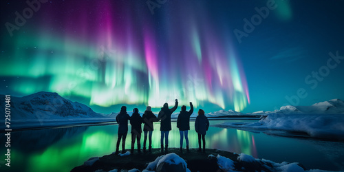 A group of tourist are watching the northern light aurora borealis at a northern light guided tour  © Erzsbet