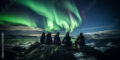 A group of tourist are watching the northern light aurora borealis at a northern light guided tour 