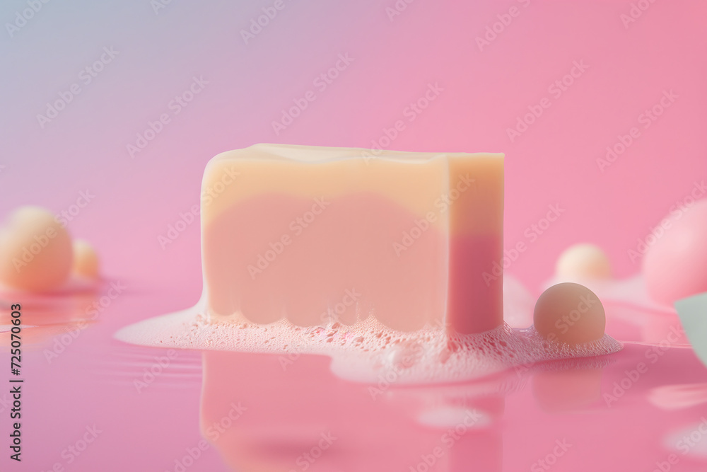 Natural handmade soap bar with splashes of soap lather on pastel pink background. Concept of hygiene, wellness, body care, skin care, spa therapy or washing. Close-up. Natural handmade soap bar with splashes of soap lather on pastel pink background. Concept of hygiene, wellness, body care, skin care, spa therapy or washing. Close-up.