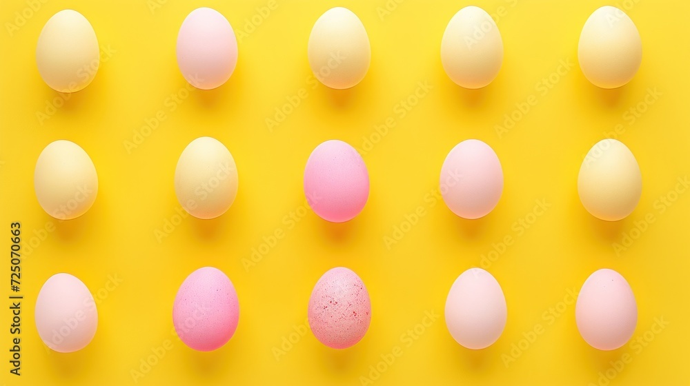 a group of eggs sitting next to each other on a yellow surface with a pink egg in the middle of the row. a group of eggs sitting next to each other on a yellow surface with a pink egg in the middle of the row.