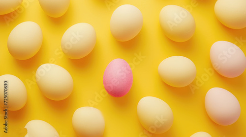 a group of eggs with one pink egg in the middle of the group on a yellow background with a pattern of white eggs.