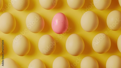  a pink egg sitting in front of a group of white eggs on a yellow background with a row of white eggs in the middle.