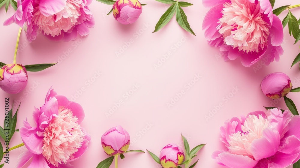 Pink peonies on a pastel pink background, floral frame design, happy mother's day, space for text Pink peonies on a pastel pink background, floral frame design, happy mother's day, space for text